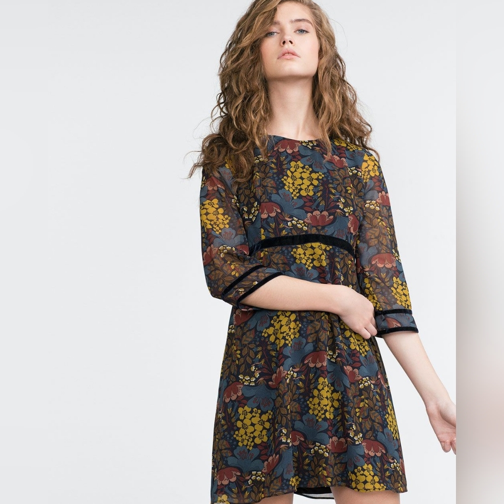 Zara Trafaluc Fall Floral Mini Dress 3/4 sleeves Velvet Accents